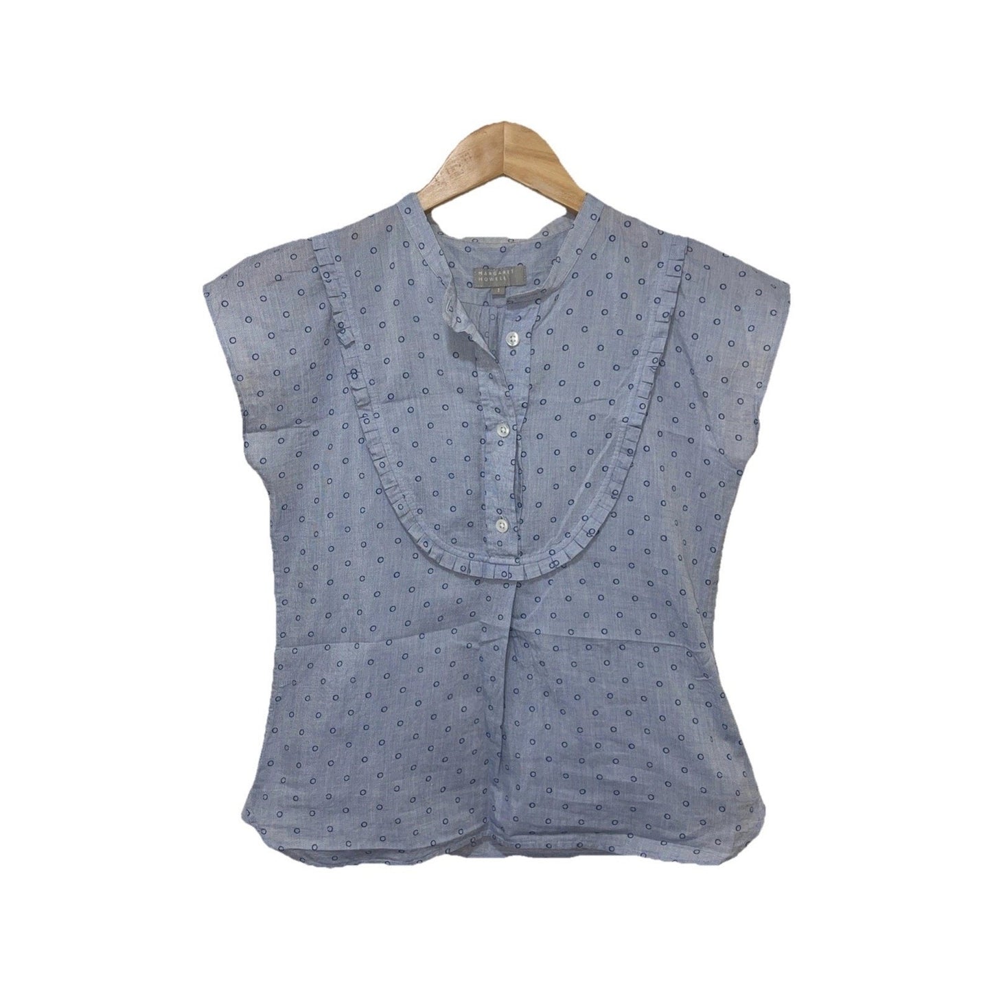 Margaret Howell Blouse - JP Size 1 White/Blue French Sleeve 578-152911 Japan