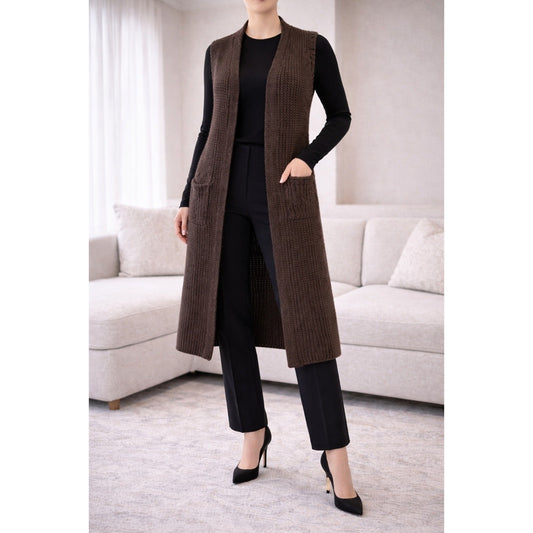 Ralph Lauren Purple Label Sleeveless Long Chunky Knit Cardigan Vest Brown M/L