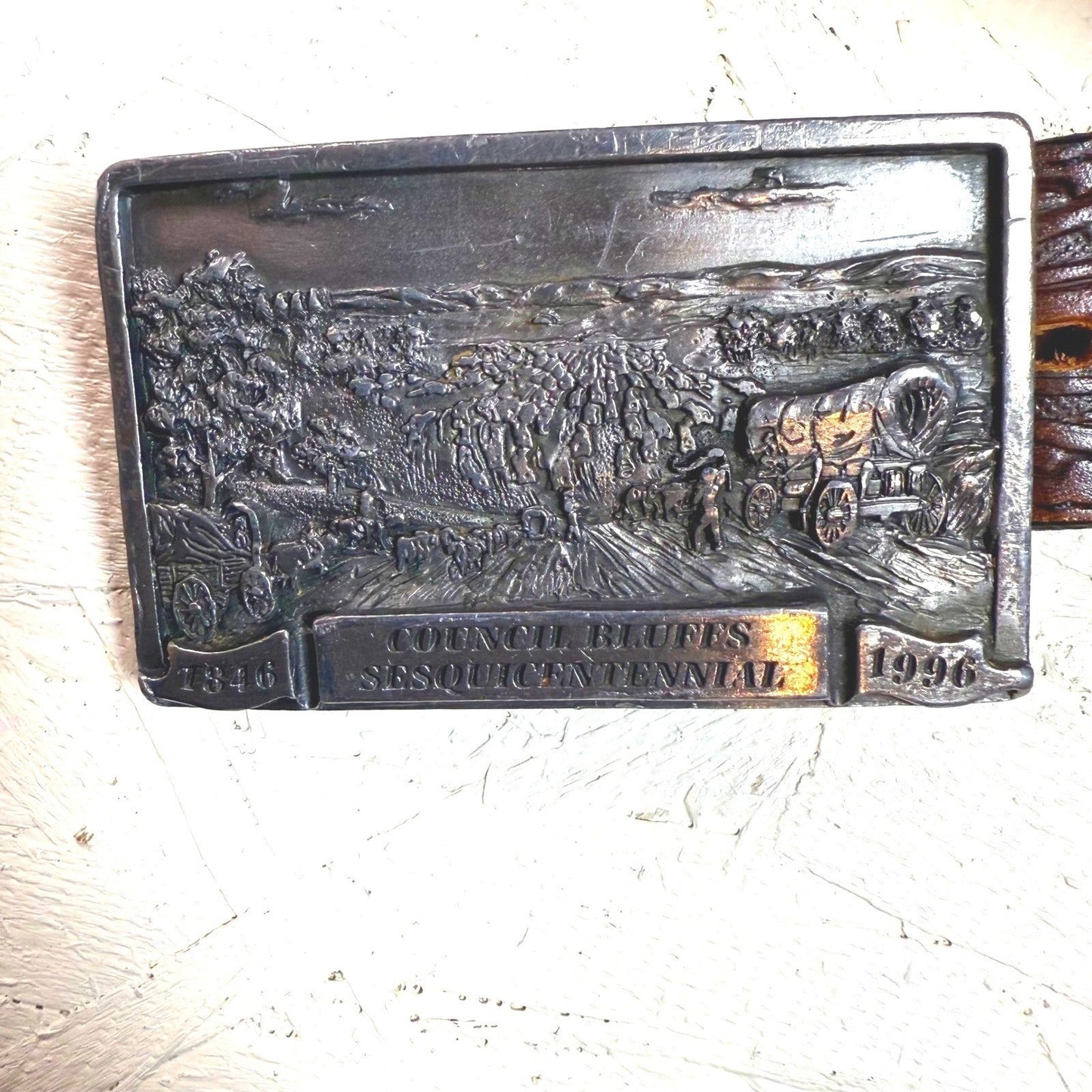 Council Bluffs Sesquicentennial 1996 Western Leather Belt Buckle Men's