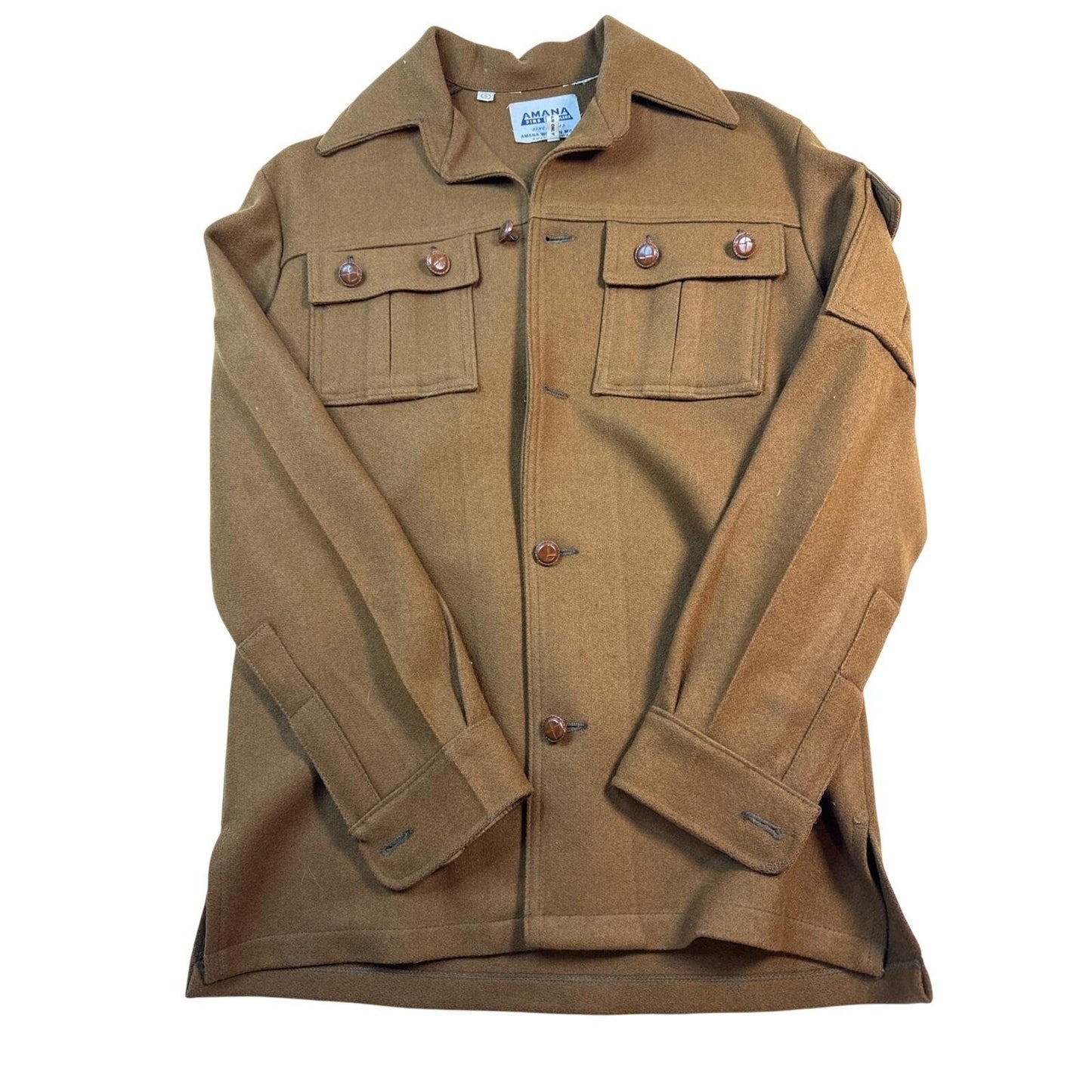 Vintage AMANA Woolen Mills Wool Shirt Jacket – Unisex Size 5 Caramel Brown