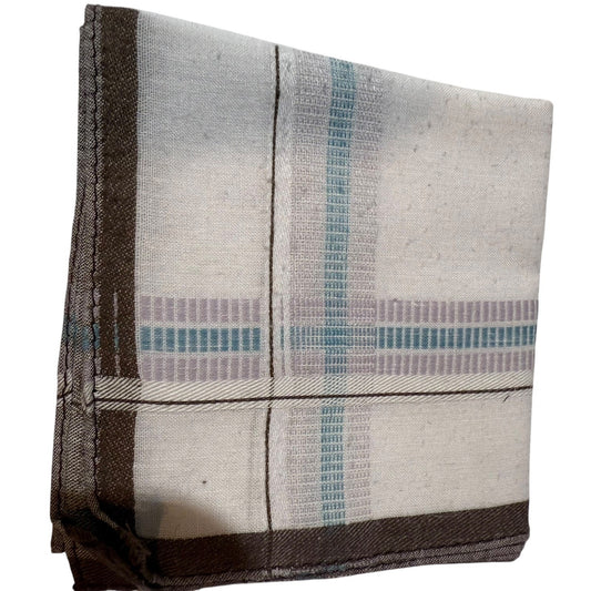Men's Cotton Pocket Square Handkerchief 17x17 White Blue Stripe Brown Border
