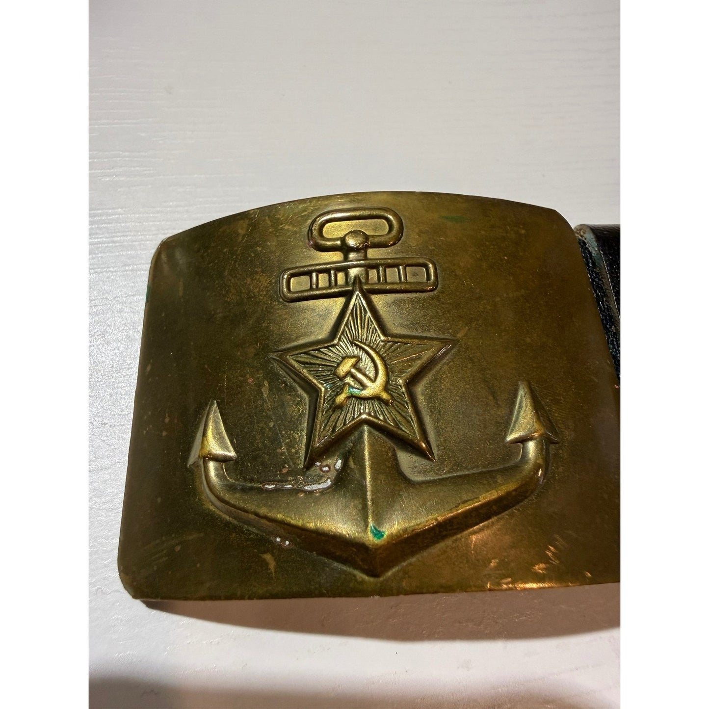 Vintage Soviet Naval Belt – Brass Anchor Star Buckle USSR 1981 Leather