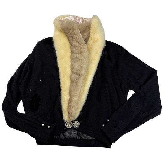 Vintage Crandell Furs Cardigan Black Angora Mink Collar Jeweled Button Decor