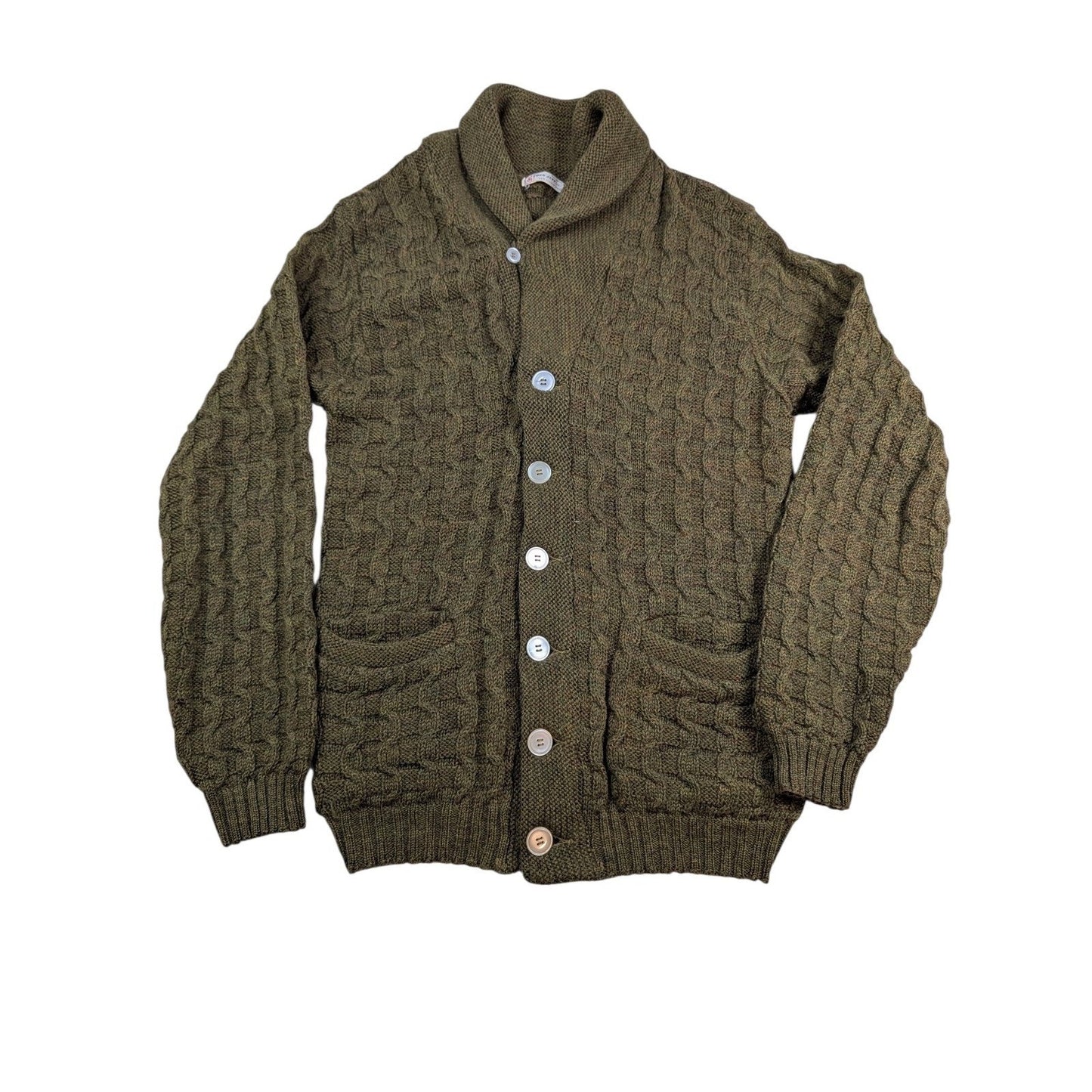 Lord Jeff 100 Virgin Wool Cable Knit Shawl Collar Cardigan Sweater Mens Made USA