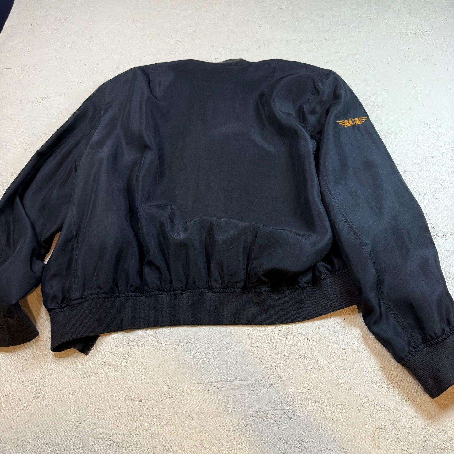 ACA LIMITED EDITION Mens Bomber Jacket Black Silk Orange Lined Size S