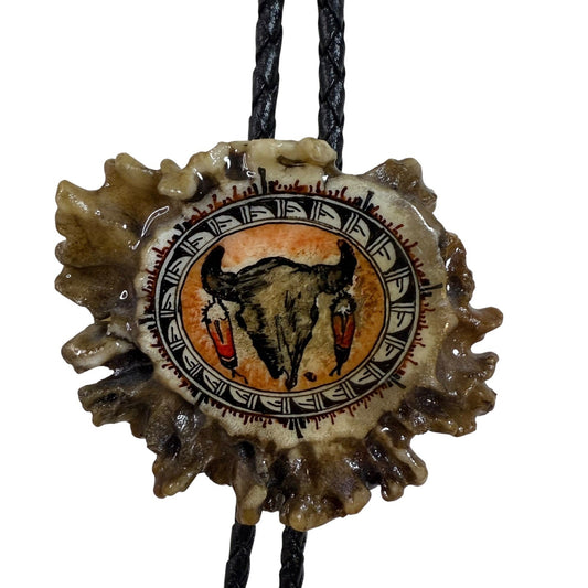 Native American Style Bolo Tie Antler Skull Southwestern Leather Cord