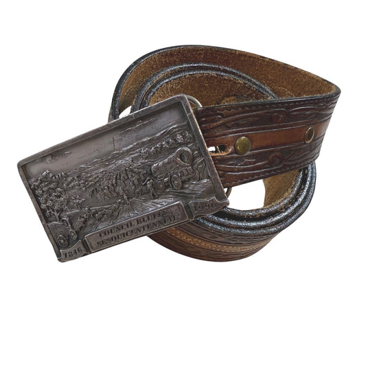 Council Bluffs Sesquicentennial 1996 Western Leather Belt Buckle Men's