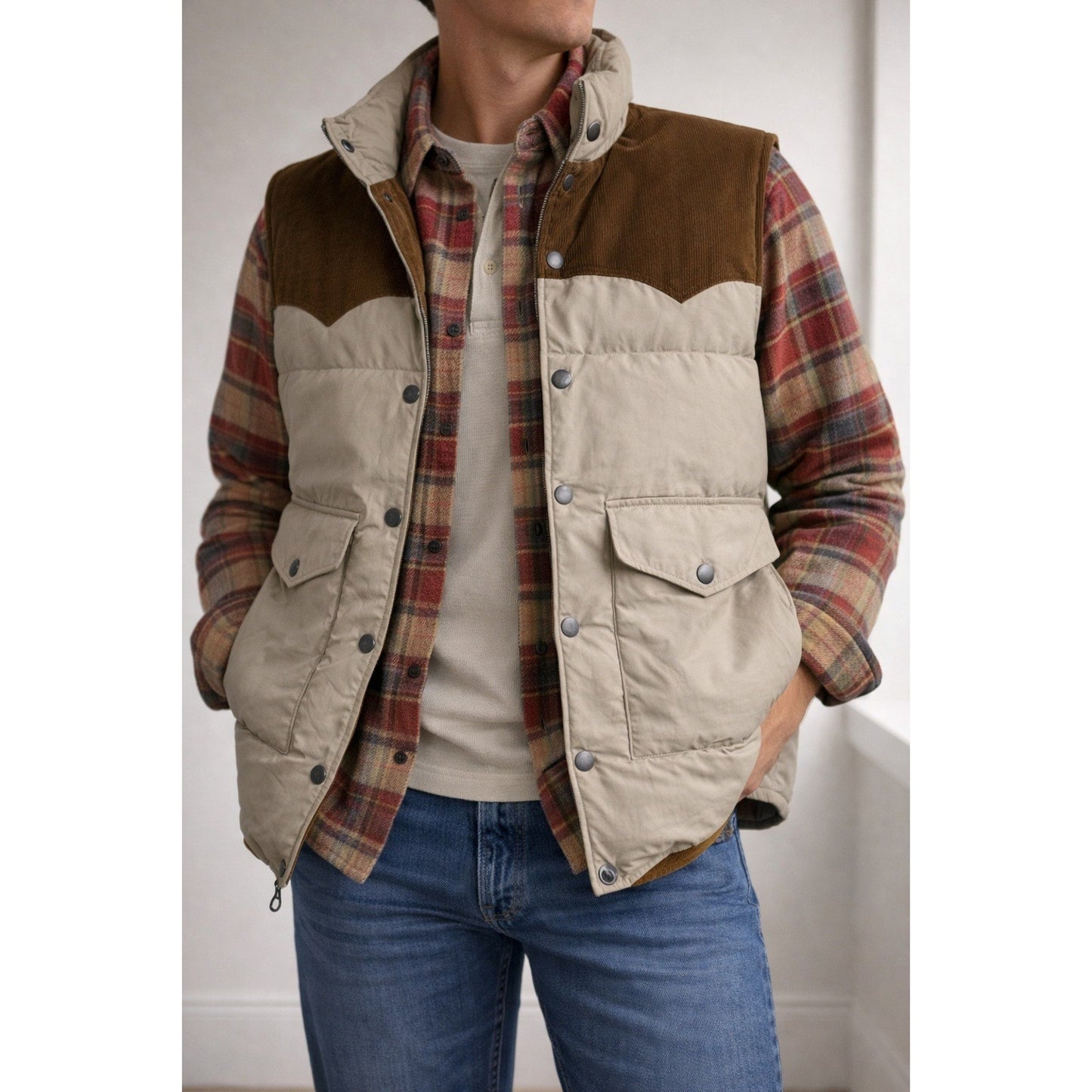 Schaefer Outfitter Insulated Vest Tan w/ Corduroy Yoke – Men's Large Western
