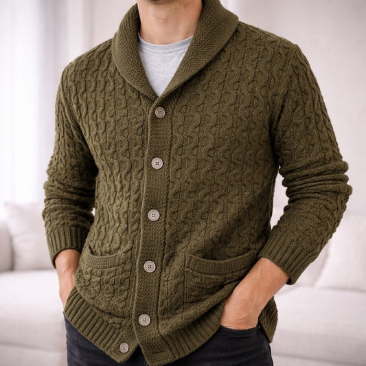 Lord Jeff 100 Virgin Wool Cable Knit Shawl Collar Cardigan Sweater Mens Made USA