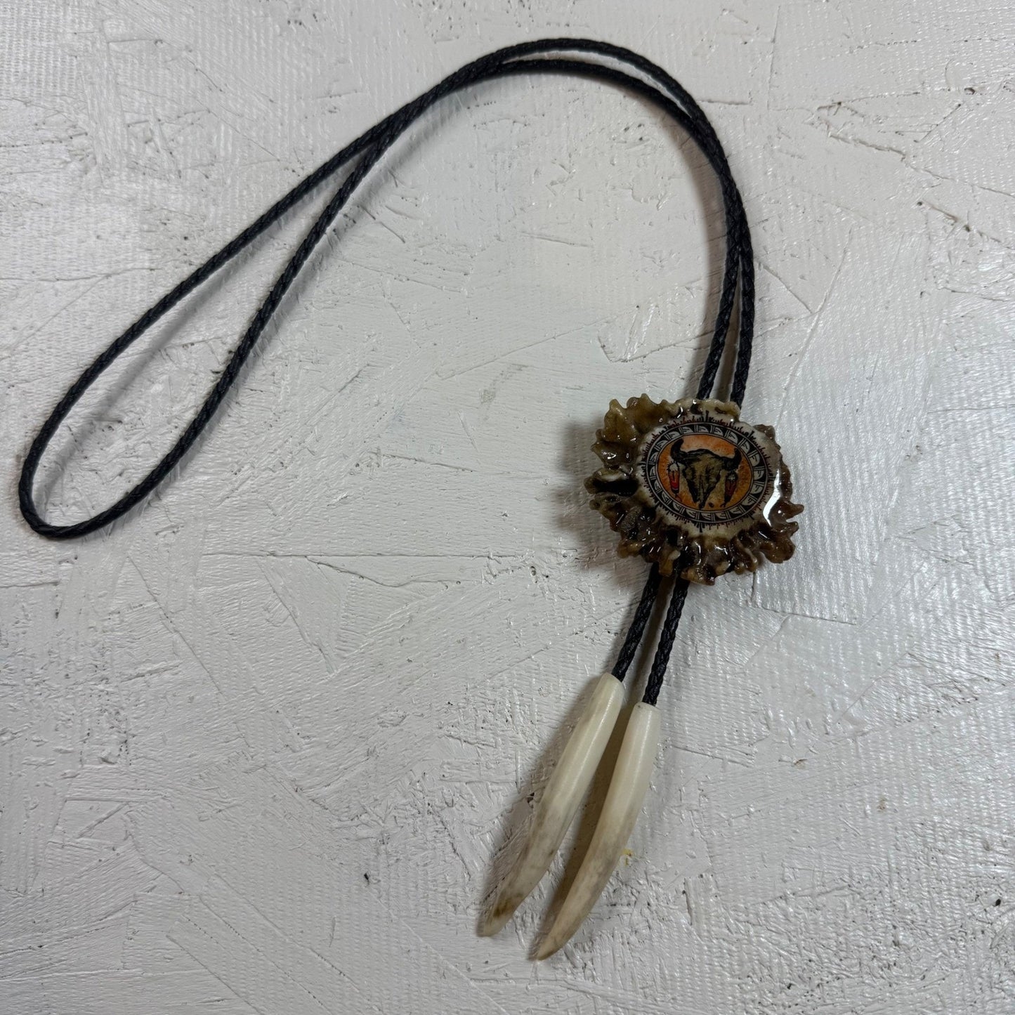 Native American Style Bolo Tie Antler Skull Southwestern Leather Cord