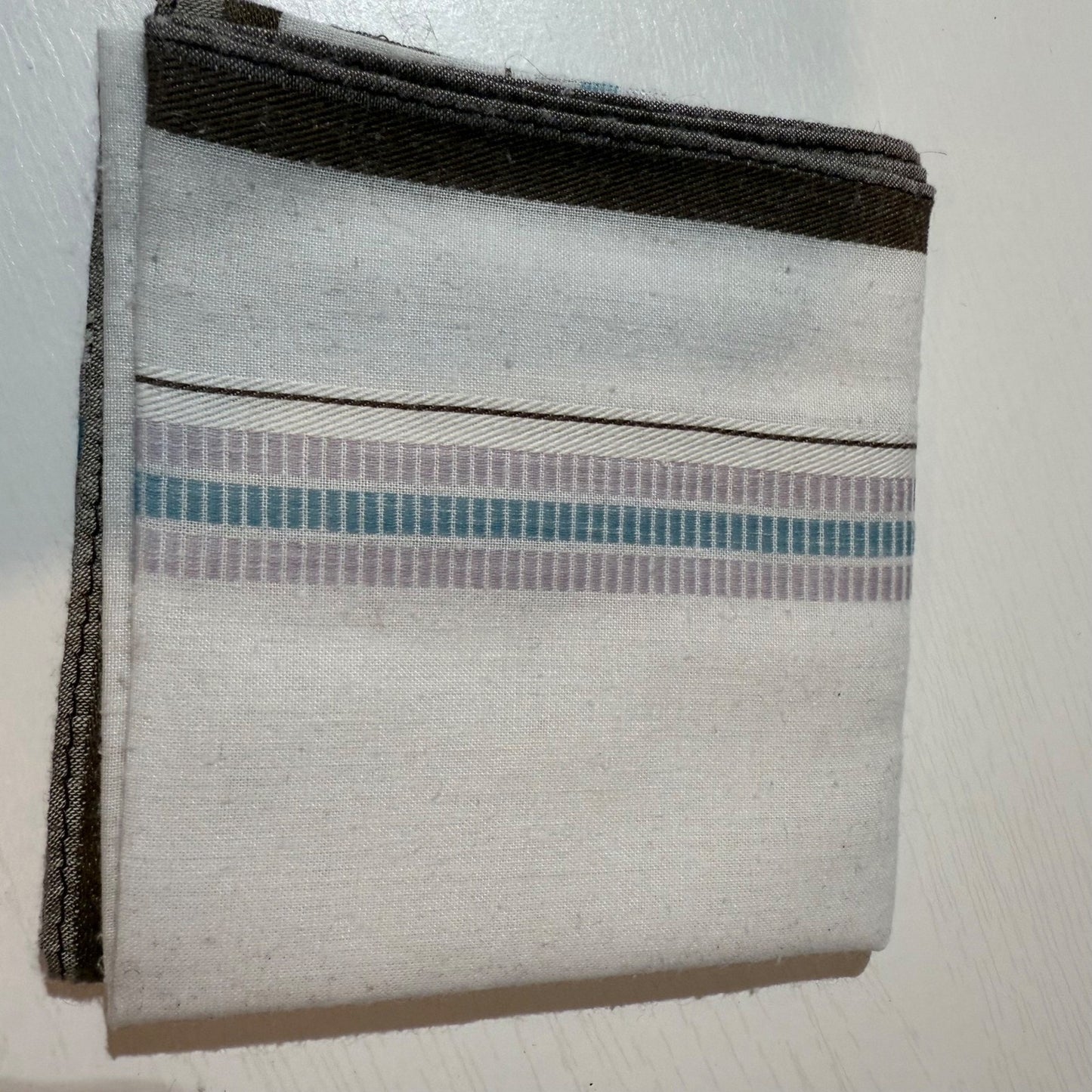 Men's Cotton Pocket Square Handkerchief 17x17 White Blue Stripe Brown Border