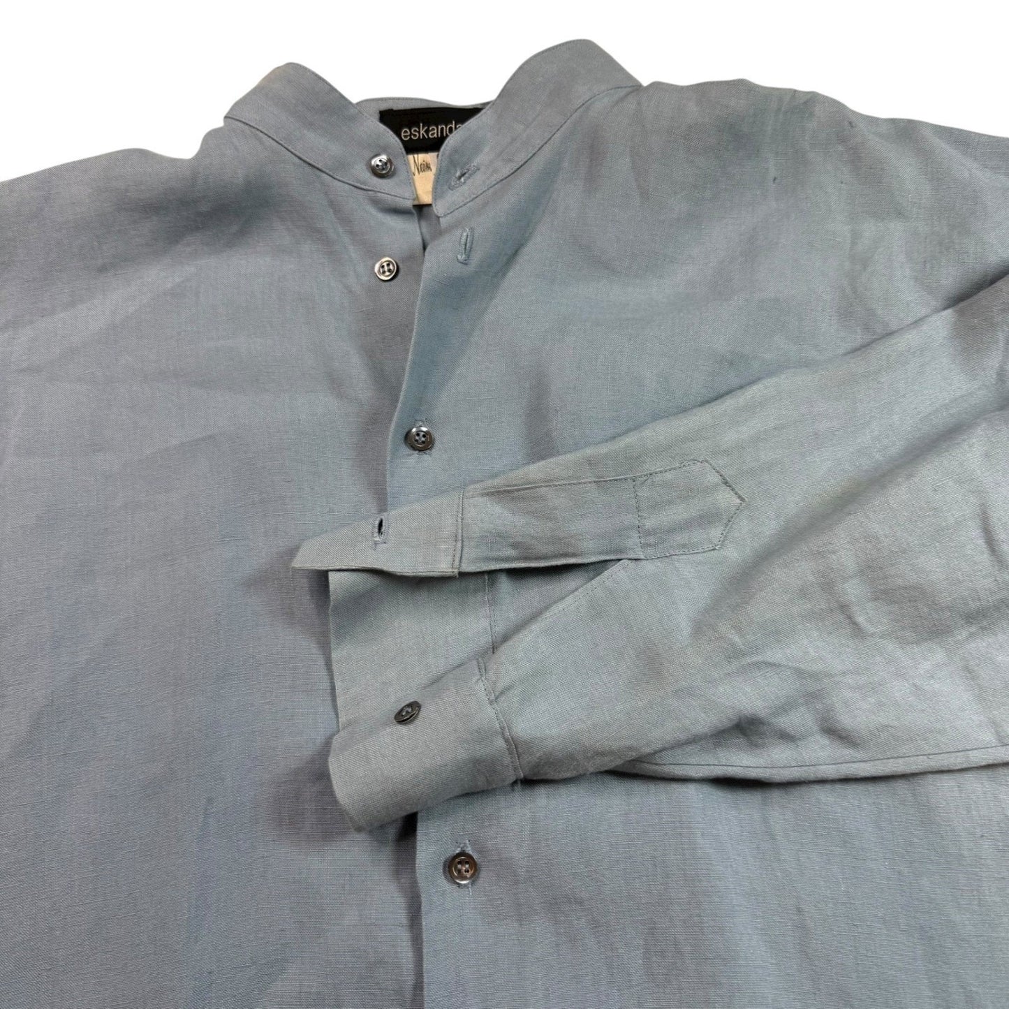 Eskandar Womens Linen Longline Tunic Top Grandad Collar Blue Size 0