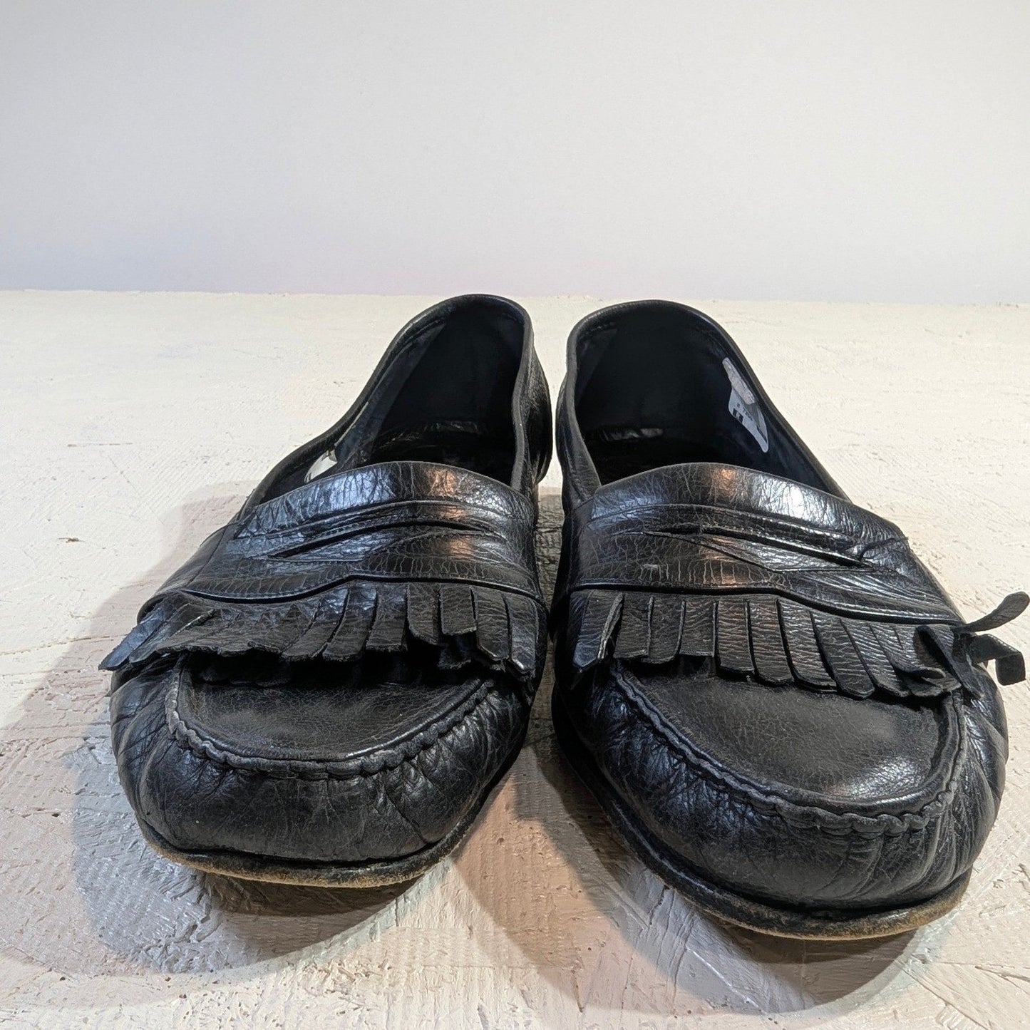 Cole Haan Men Black Leather Fringe Loafers Slip On Made in Italy Size 10M READ